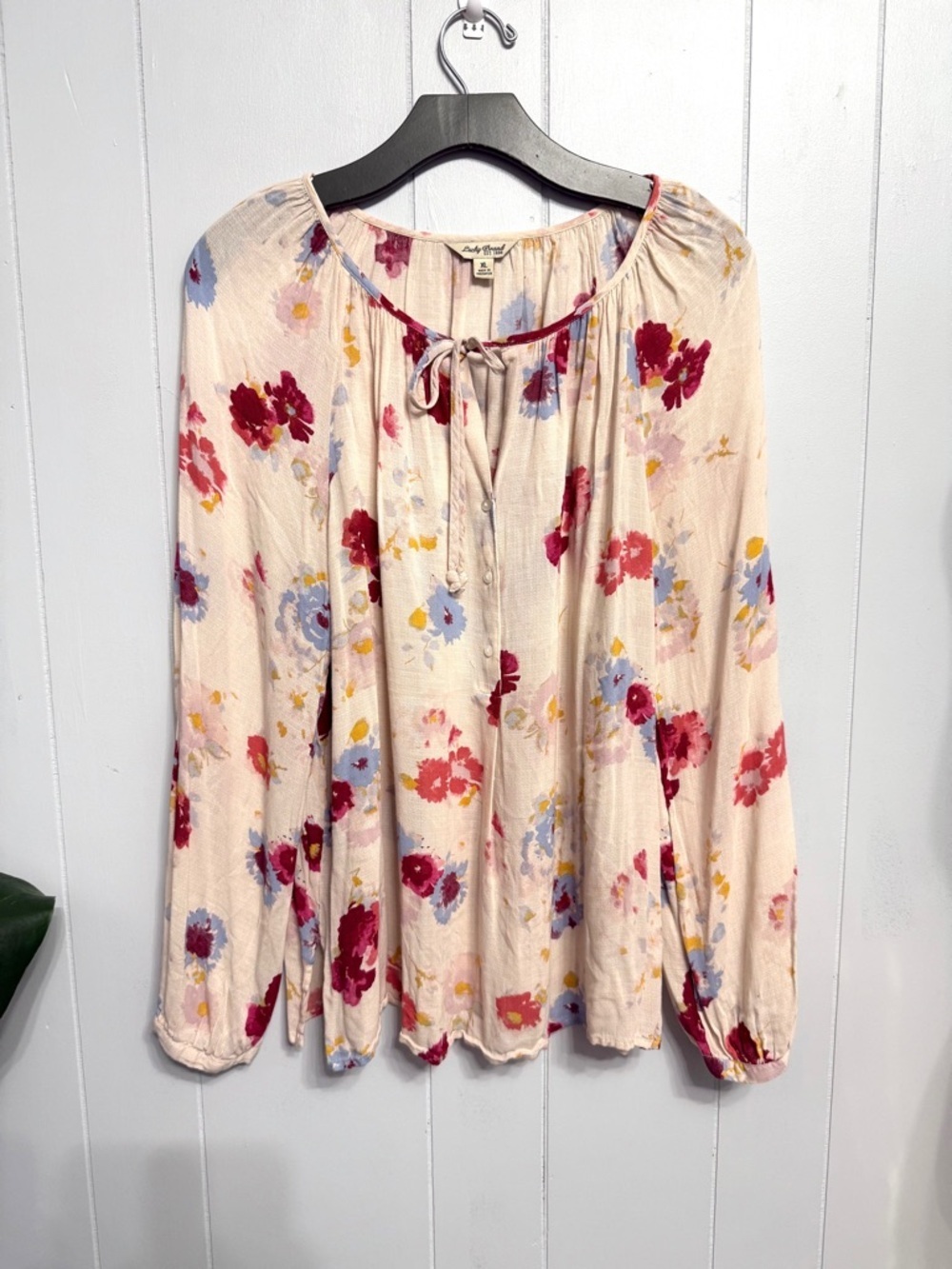 #17) Lucky Brand Cream Floral Peasant Top with Pink & Blue Blooms